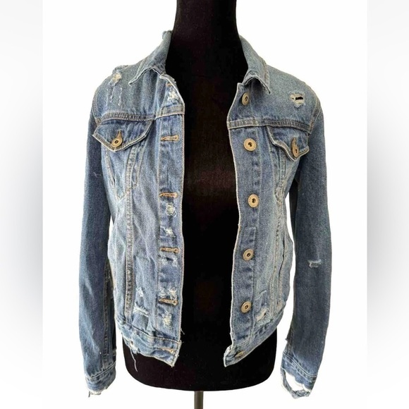 Pistola Size S Denim Jean Jacket Button Down Cotton Pockets Distressed Cropped - Picture 1 of 12